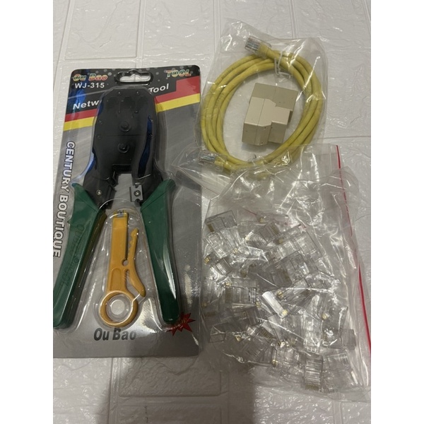 Kìm mạng xanh tặng kèm 20 đầu bấm rj45+ 1 nối mạng 1-1 + 1 sợi bấm sẵn 1.5m zin.