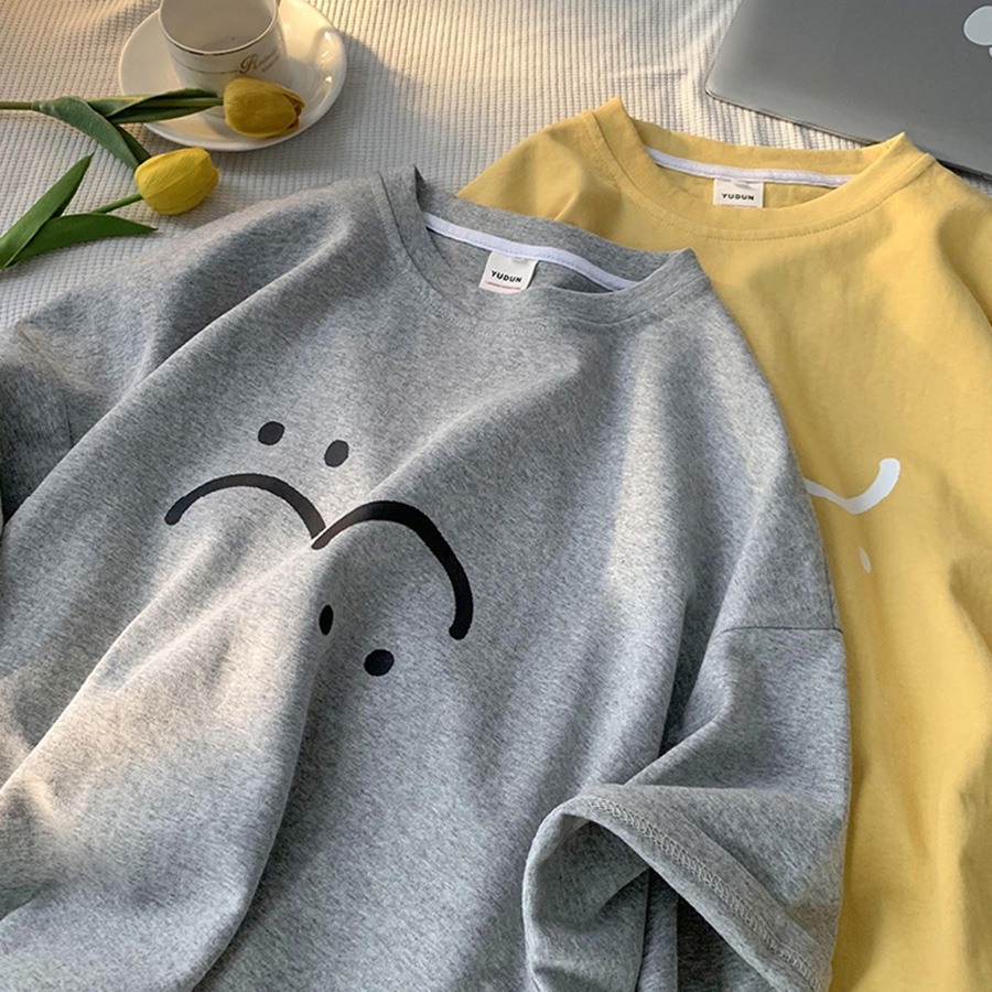 Áo phông thun unisex mặt cười 100% cotton tay lỡ from rộng