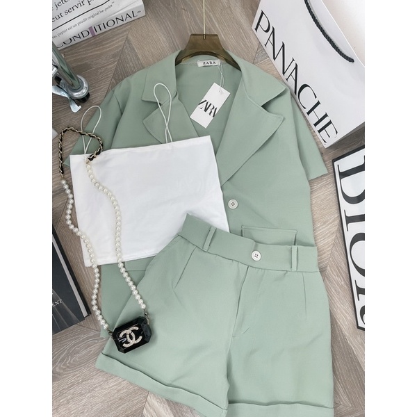 [ 𝐅𝐑𝐄𝐄 𝐒𝐇𝐈𝐏 ] SÉT VEST XANH QUẦN SOOC 3 MÓN Ạ . CHẤT CHÉO THÁI MẶC LÊN ĐỨNG FORM LẮM Ạ