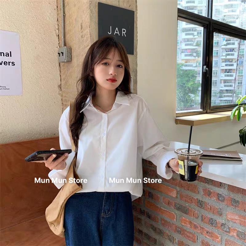 Áo Sơ Mi Nữ Phom Rộng Tay Dài MunMunStore  Áo Sơ Mi Nữ Kiểu Tà Lệch, Chất Liêu Cotton Đứng Phom Không Nhăn 142