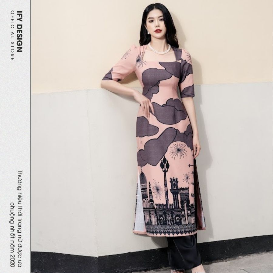 Áo dài cách tân nữ cổ vuông tay lửng màu hồng IFY Design FAD04A