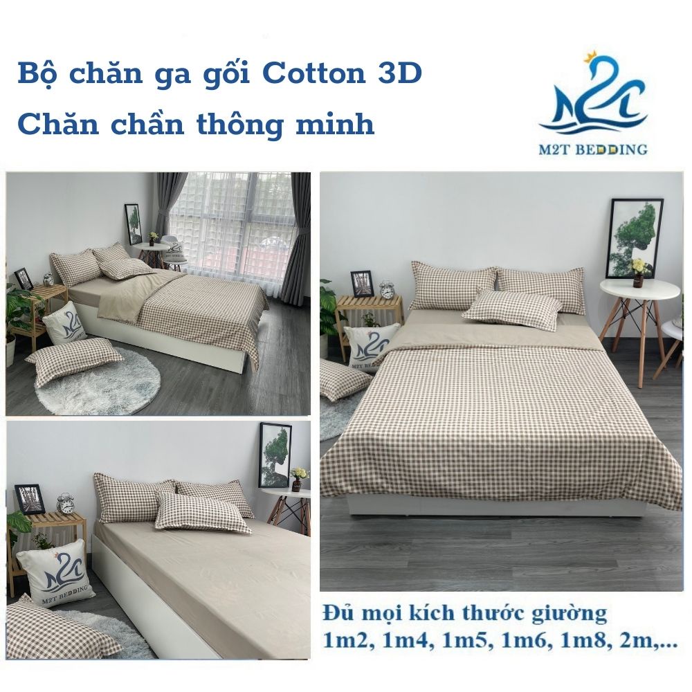 Bộ chăn ga gối Cotton 3D M2T BEDDIND Luxury chăn chần bông thông minh drap giường - CTM Caro nâu be