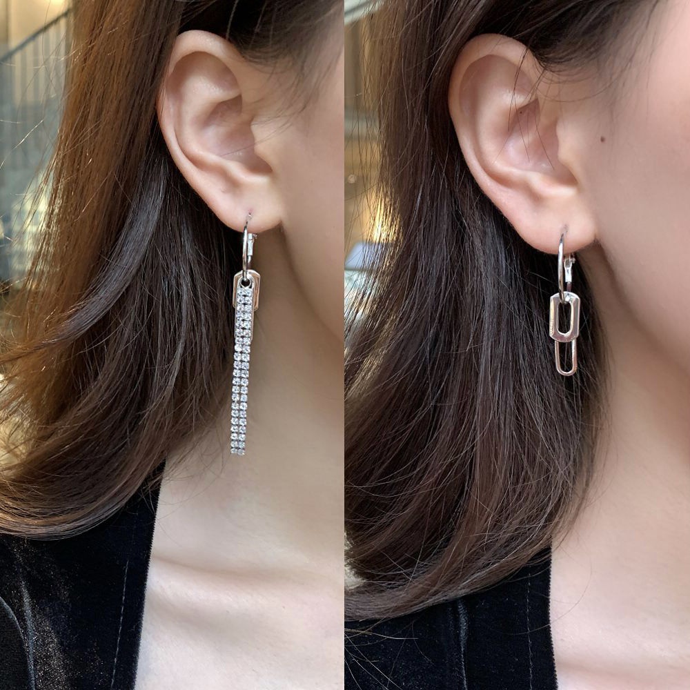 Asymmetrical tassel chain earrings simple cold style metal earrings personality cool earrings no pierced ear clip female