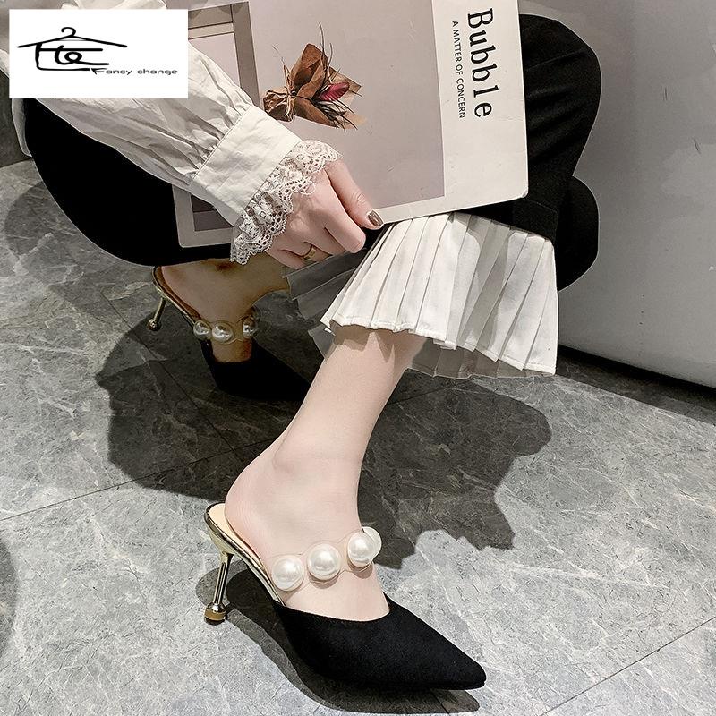 Dép Sandal Cao Gót Mũi Nhọn Phối Dây Ngọc Trai Thời Trang Mùa Hè Dành Cho Nữ