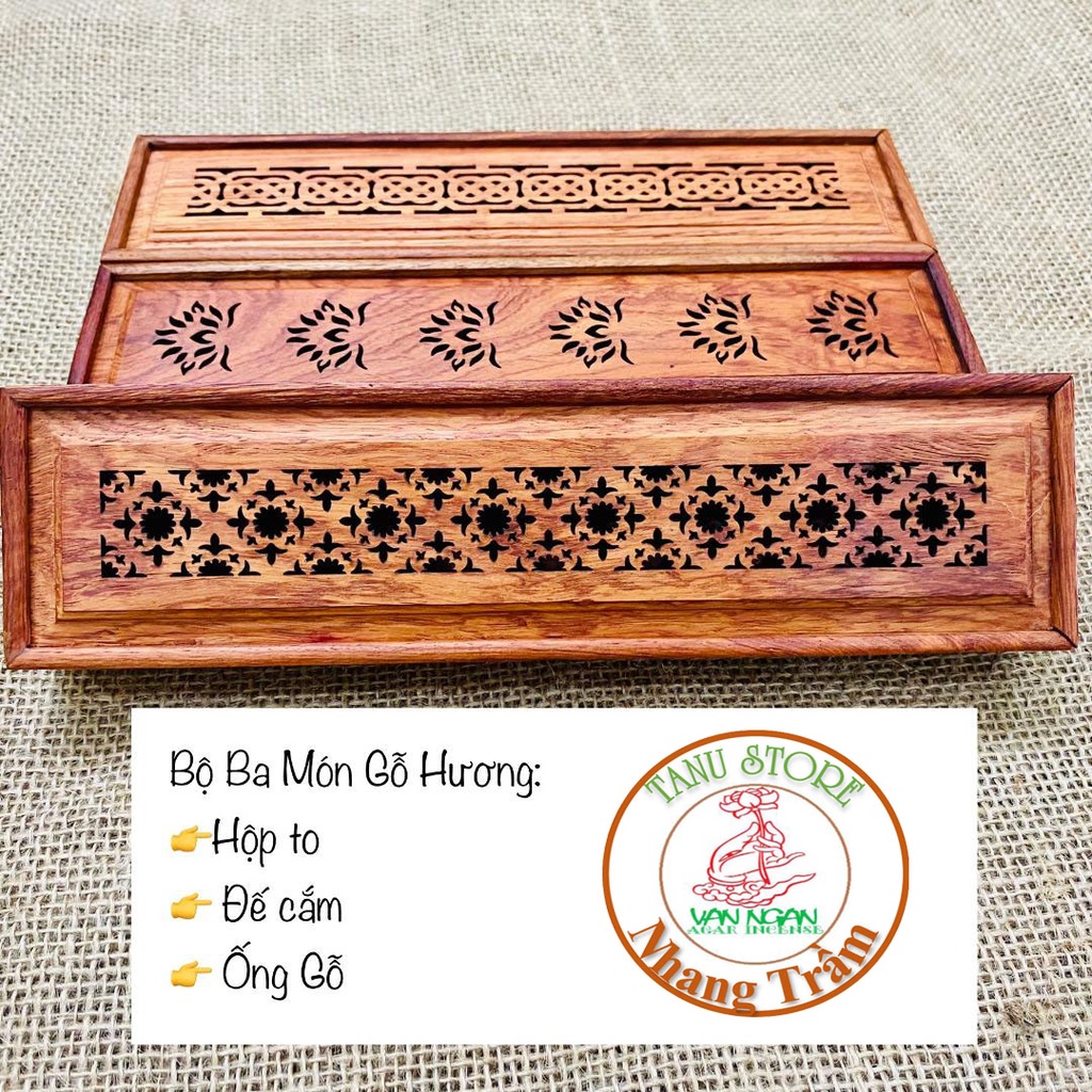 Bộ Ba Món Gỗ Hương gồm Hộp lớn+Đế cắm nhang+ Ống gỗ- Đường nét tinh sảo, hoa văn đa dạng, tiện lợi sử dụng- Tanu Stor