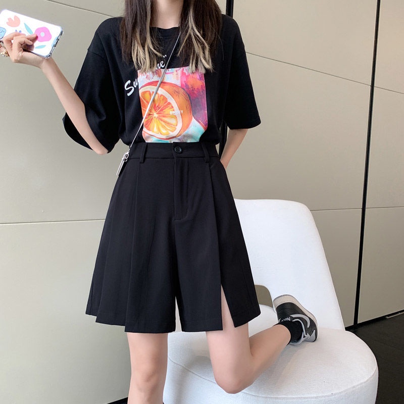 Split shorts women's loose 2022 summer new Korean fashion 100-pleated skirt five-cent suit pants casual pants