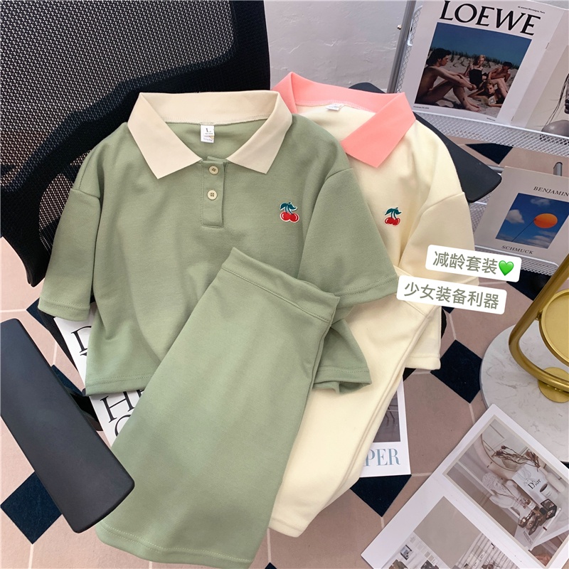 Bộ đồ SUXI gồm áo thun polo ngắn tay và chân váy chữ A lưng cao ôm dáng đơn giản thời trang mùa hè dành cho nữ