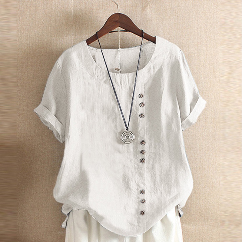 Áo Sơ Mi Cotton Lanh Tay Ngắn Dáng Rộng Phong Cách Retro Dành Cho Nữ Có Size Lớn