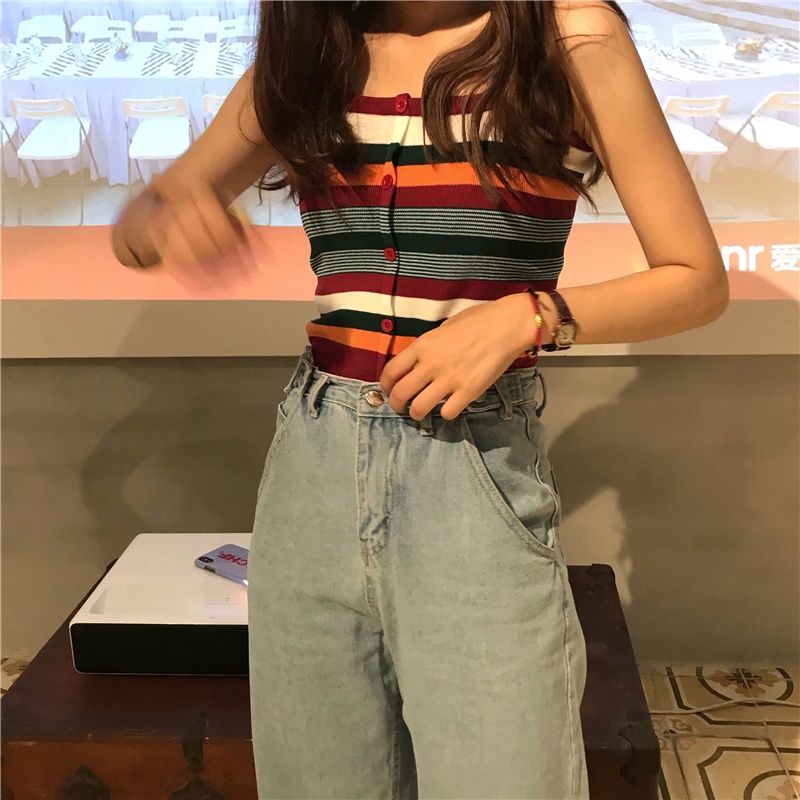 Áo dệt kim ZHELIHANGFEI không tay họa tiết sọc nhiều màu sắc retro thời trang mùa hè phong cách Hong Kong cho nữ