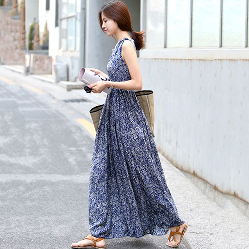 Đầm Dài Không Tay In Hoa Thời Trang Dành Cho Nữ