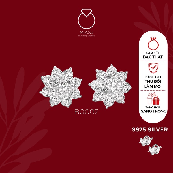 Bông tai hoa nữ bạc Ý S925 MiASJ B0007 chốt vặn đính đá CZ cao cấp