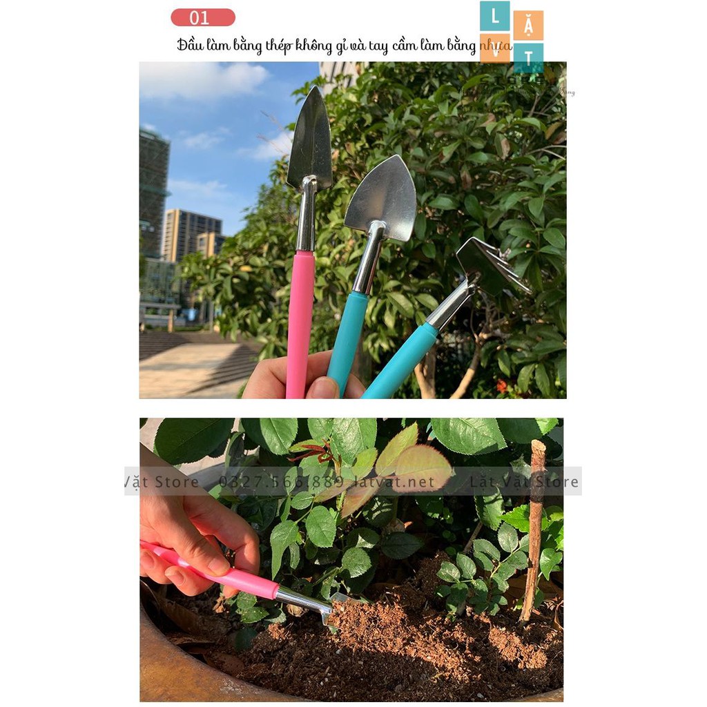 Bộ ba dụng cụ làm vườn mini gồm xẻng, cào và bay để làm chậu cây nhỏ, sen đá - Có 3 màu pastel