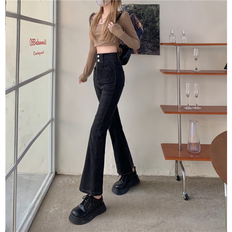Quần Denim Ống Loe Lưng Cao Có Túi In Hình Trái Tim Thời Trang Mùa Thu Cho Nữ