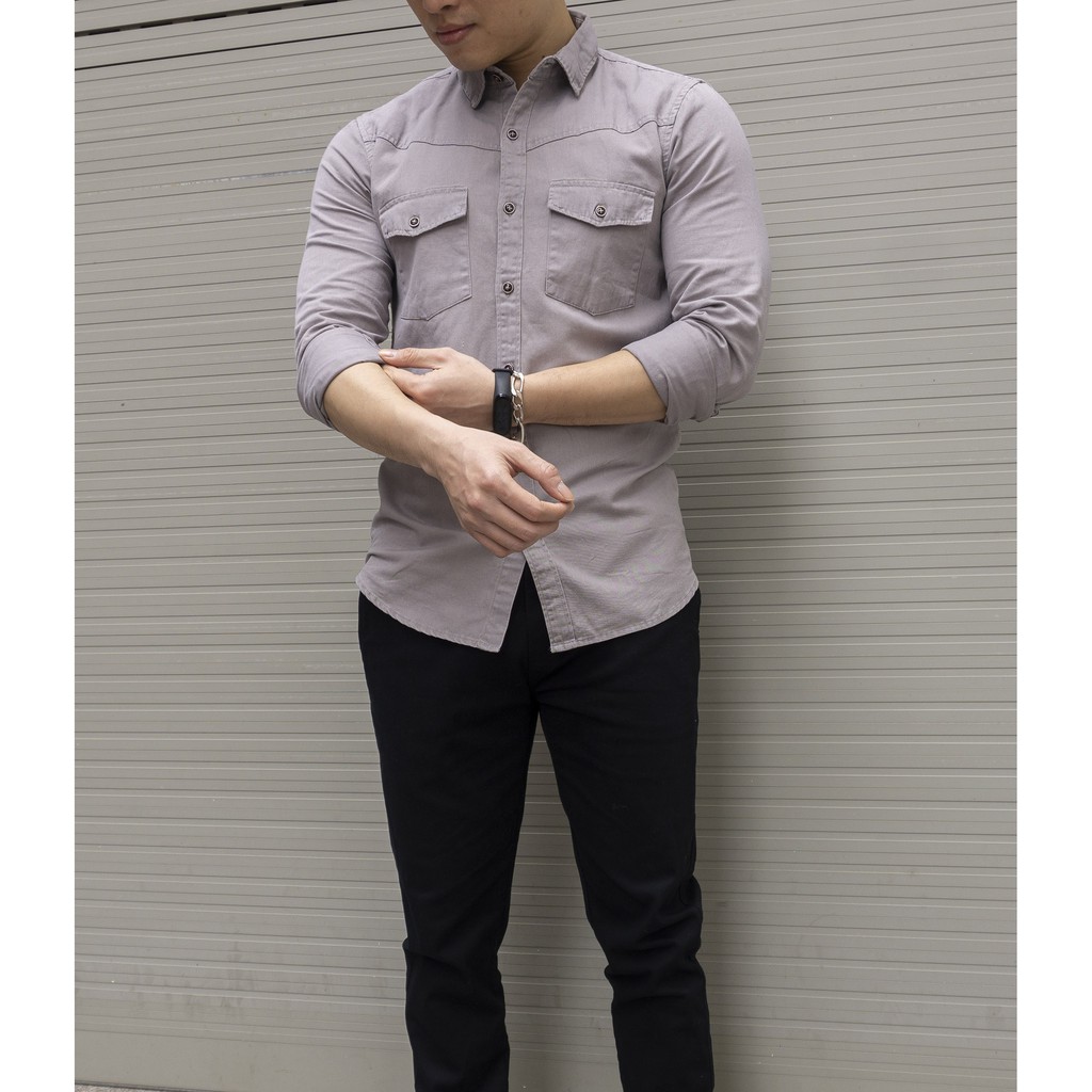 Sơ mi denim kaki nam