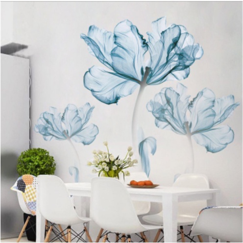 Decal giấy dán tường mẫu Hoa Lá Bắp Cải xanh biển trong suốt tinh tế