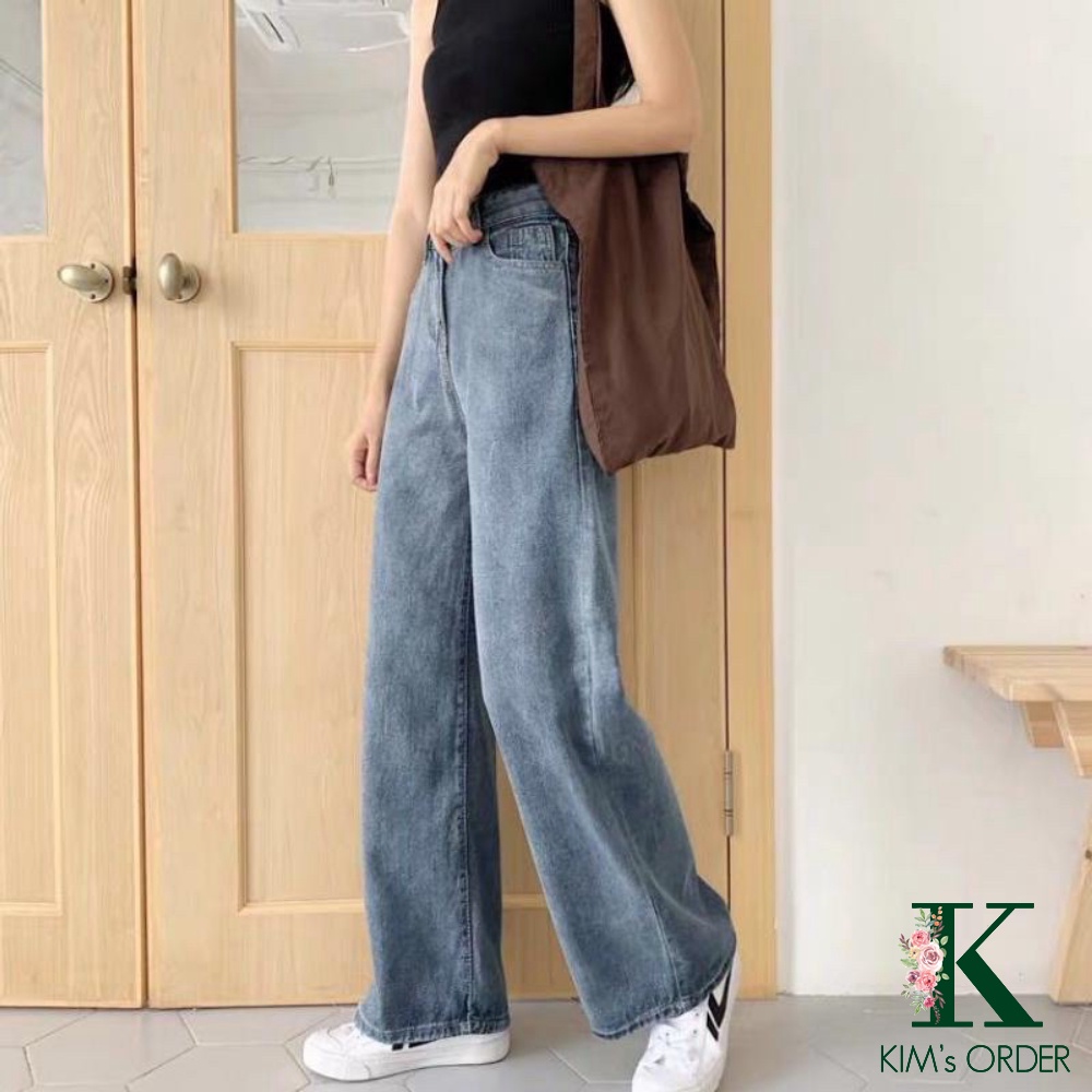 Quần jeans nữ ống suông trơn lưng cao dáng rộng màu xanh phong cách Ulzzang Hàn Quốc chất liệu co dãn nhẹ cao cấp
