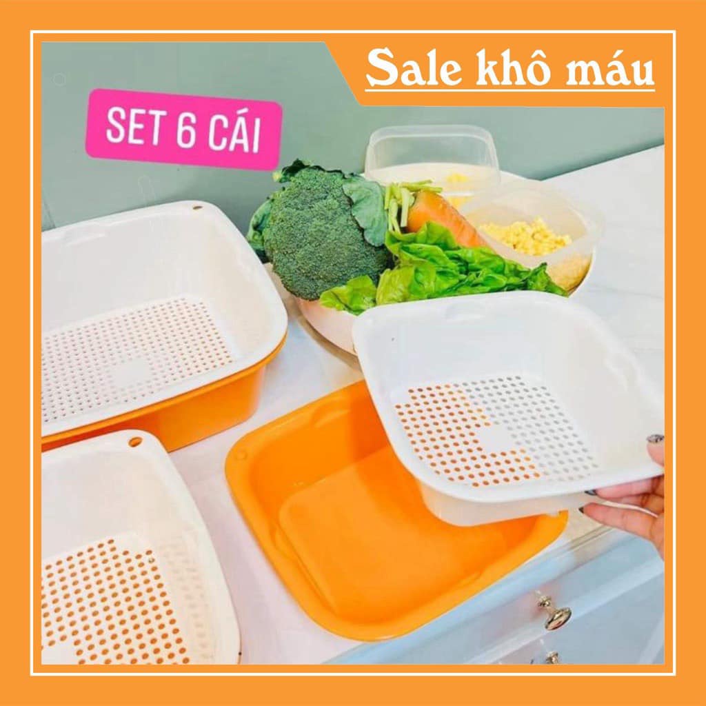 Bộ thau rổ nhựa vuông 6 món Ecoco BEHOME Bộ rổ nhựa Việt Nhật dày đẹp [Giao Màu Ngẫu Nhiên]