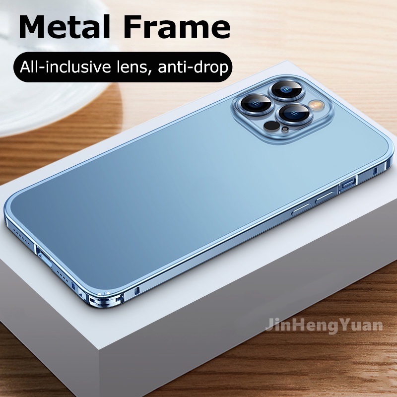 Vỏ khung kim loại sang trọng Tương thích iPhone 11 12 13 Pro Max Vòng thủy tinh mờ Vỏ khóa kim loại mờ