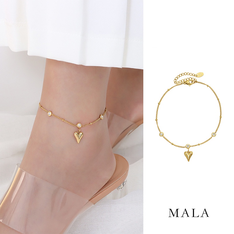 Lắc chân MAYEBE LAVEND bằng thép titan mạ vàng 18k mặt hình trái tim đính đá pha lê phong cách Hàn Quốc