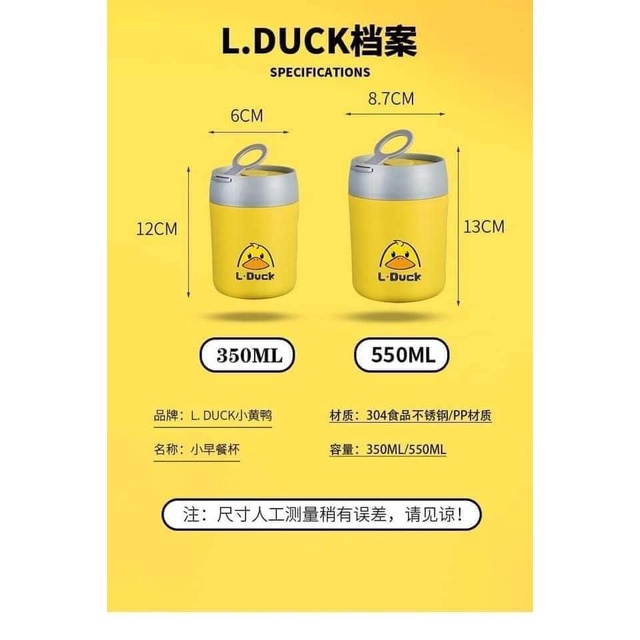 Cốc đựng canh bình ủ cháo inox 450ml L-Duck 🌏FREE SHIP🌎 loại mới giữ nhiệt cực lâu tặng kèm muỗng an toàn vệ sinh B52