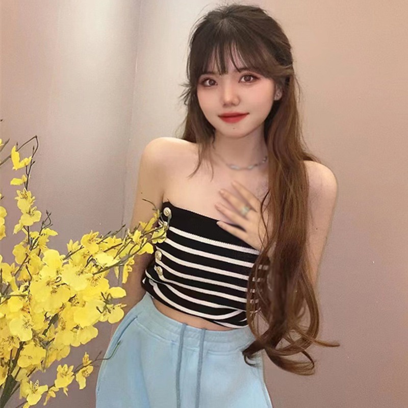 Áo Ống Ngắn Một Bên Vai Họa Tiết Kẻ Sọc Cho Nữ