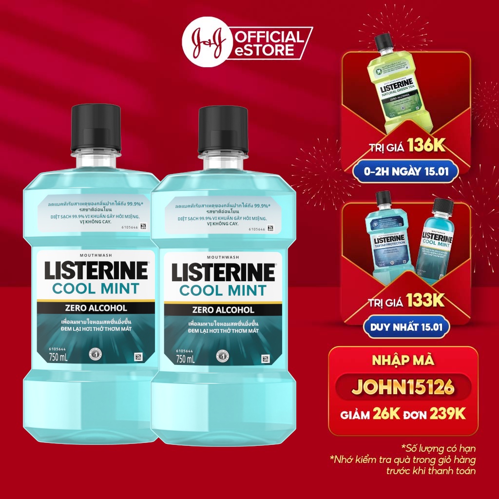 Bộ 2 Chai Nước Súc Miệng Listerine Giúp Hơi Thở Thơm Mát Cool Mint Zero 750mlx2 540021939