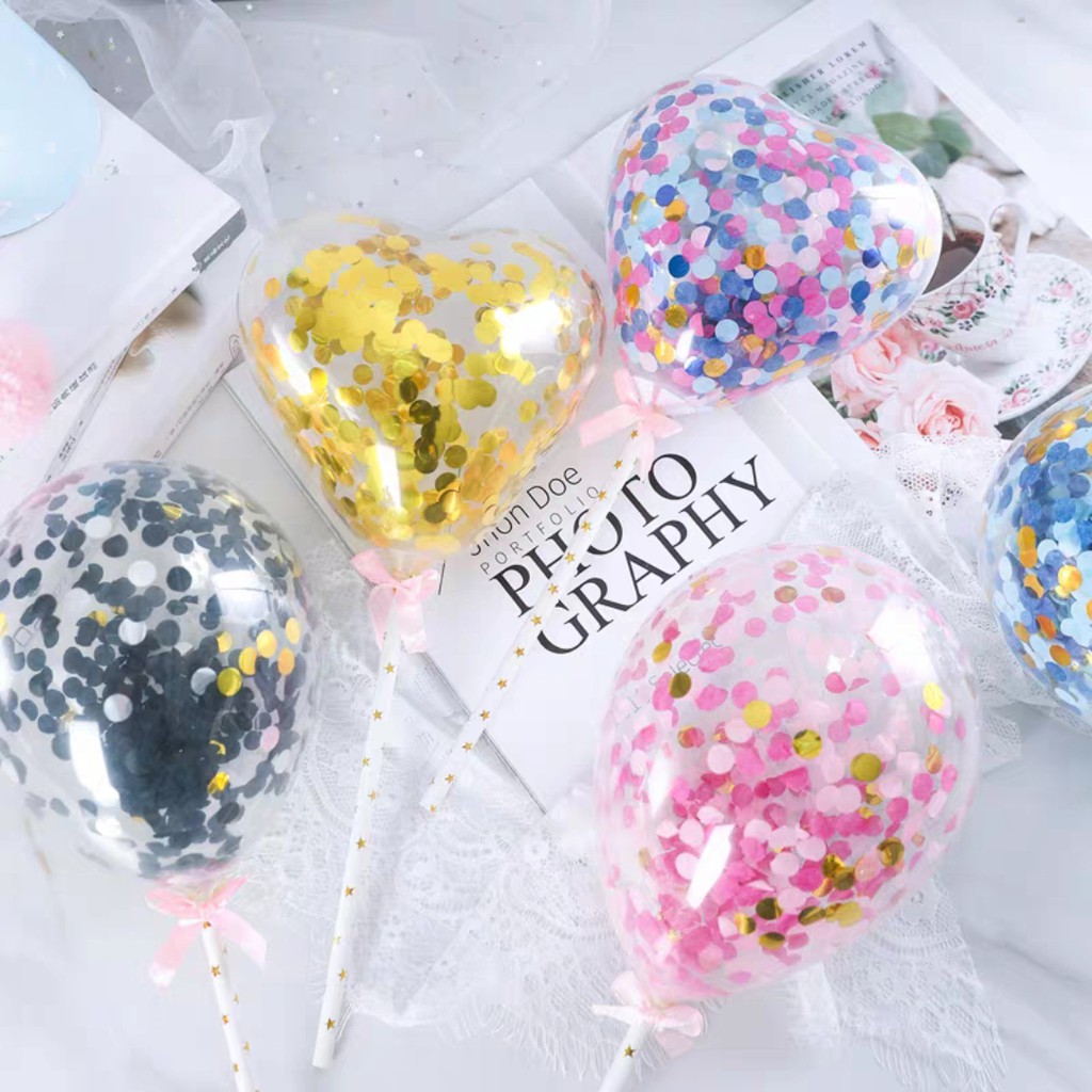 Bóng Kim Tuyến Trang Trí Bánh Bóng bay hình Tròn Tim màu Vàng Bạc Xanh Hồng Đen Ngũ Sắc