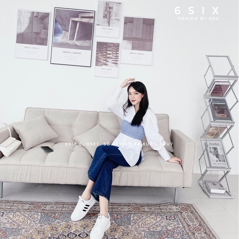 Áo kiểu cúp ngực kẻ caro xanh 6SIX closet