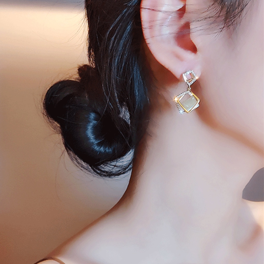 Bông tai nữ bạc s925 dáng thả hình vuông đính đá sang trọng thời trang Hàn Quốc Lémi accessories