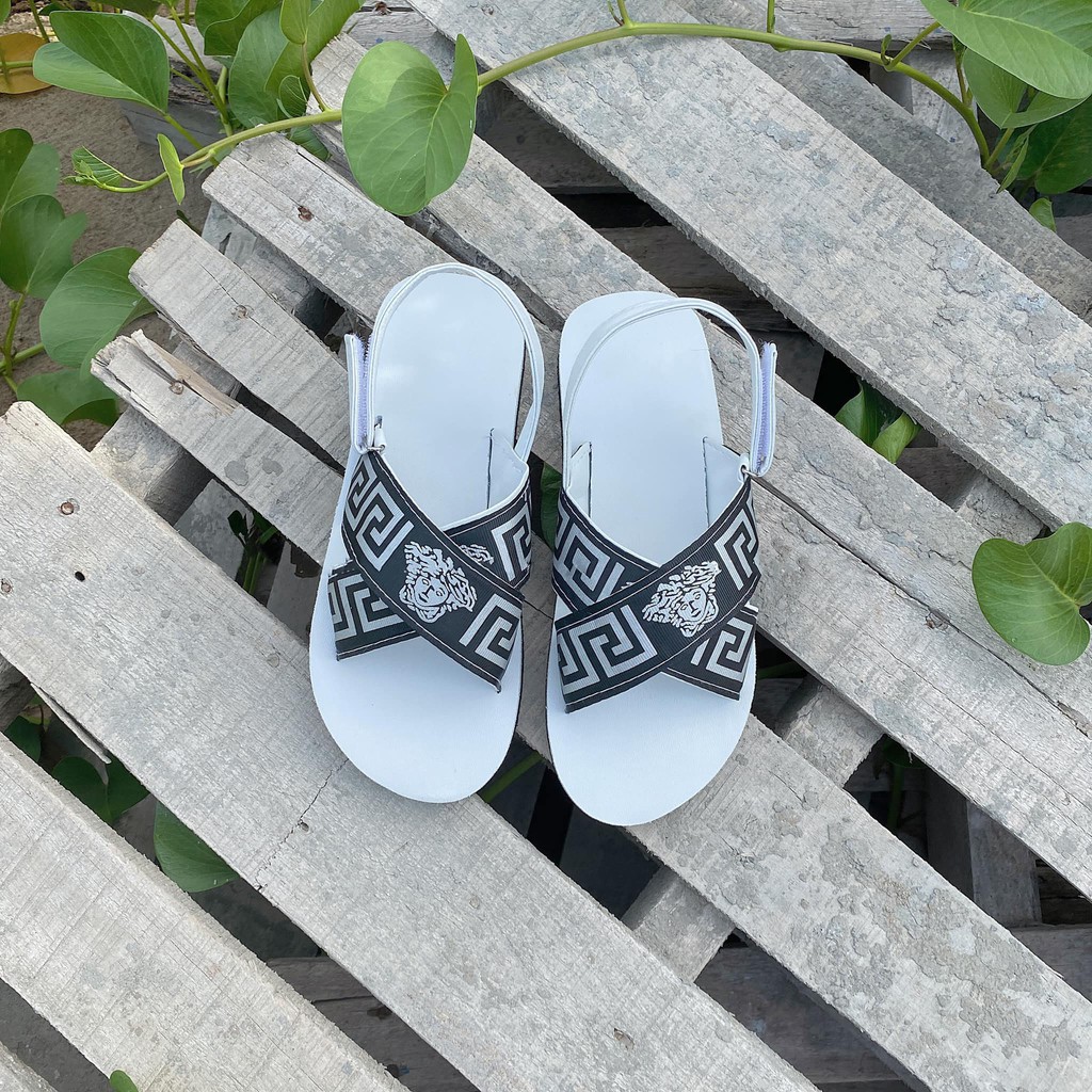 Dép quai hậu nữ nam, SANDALTHOITRANG đi Giày sandal nữ đi học quai chéo A9 thun cop Trắng/Đen full size 30-44