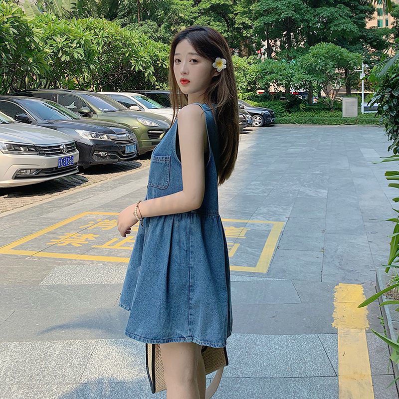 Đầm Yếm Denim Mỏng Thời Trang Mùa set yếm váy yếm bò nữ đầm Set Đầm Tay Phồng Chất Liệu Denim Phong Cách Hàn Quốc