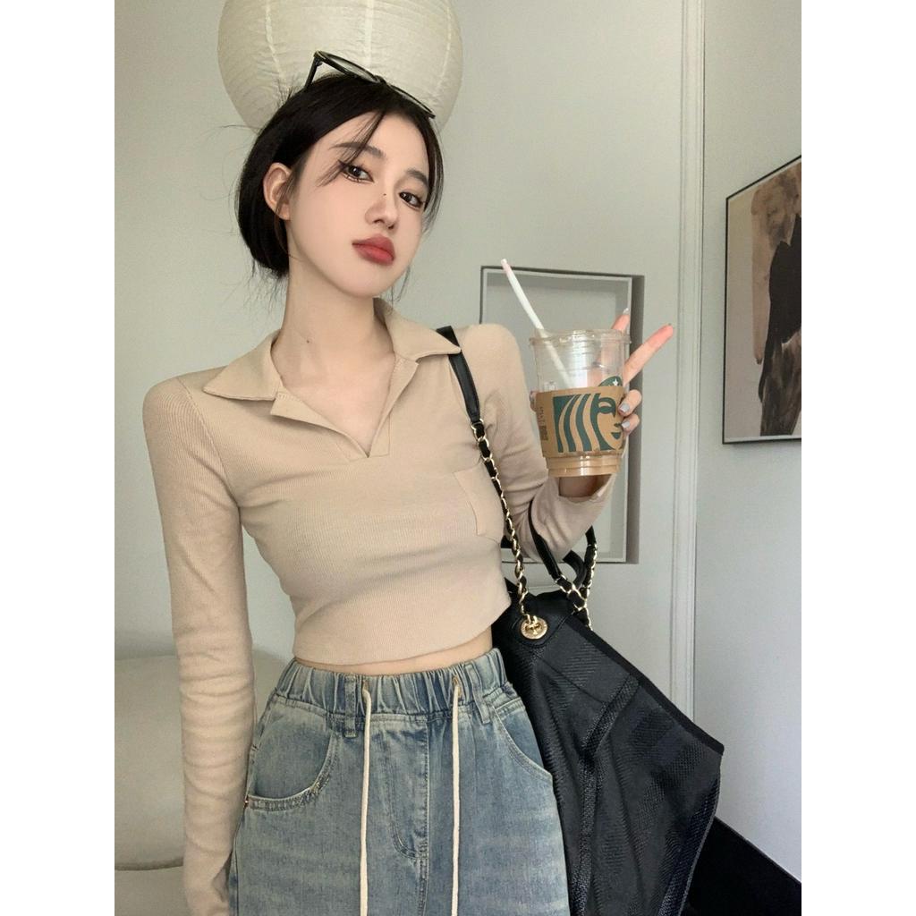 Áo Dệt Kim Tay Dài Màu Sắc Đơn Giản Phong Cách Retro Hàn Quốc