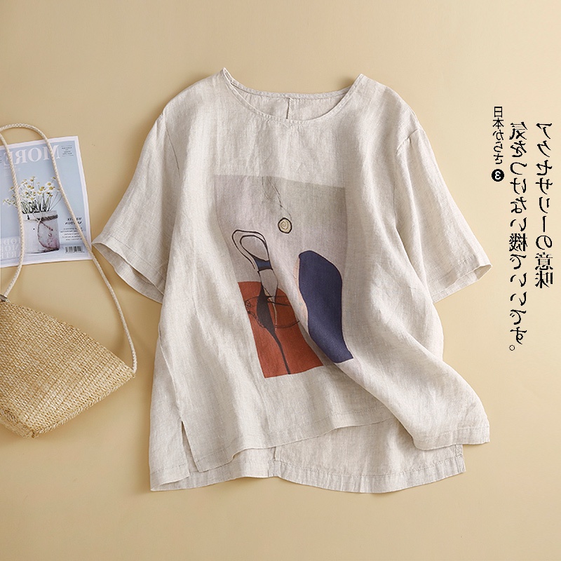 Ice cotton linen short-sleeved T-shirt vintage print linen t-shirt thin tops special