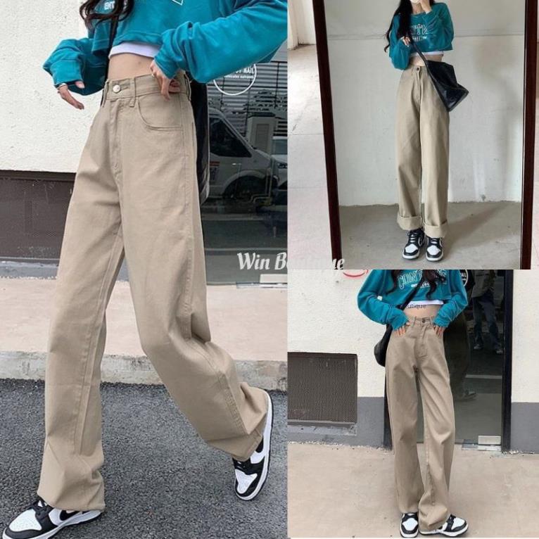 Quần jean nữ ống suông rộng màu be màu xanh màu đen trơn cơ bản cạp lưng cao hot 2022 Win Boutique