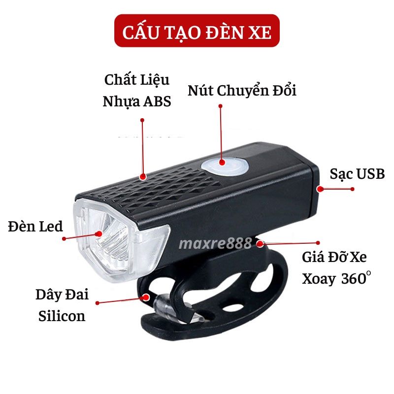 Đèn Pin Xe Đạp Thể Thao Siêu Sáng, Đèn Led Sạc USB Chống Nước Full Box
