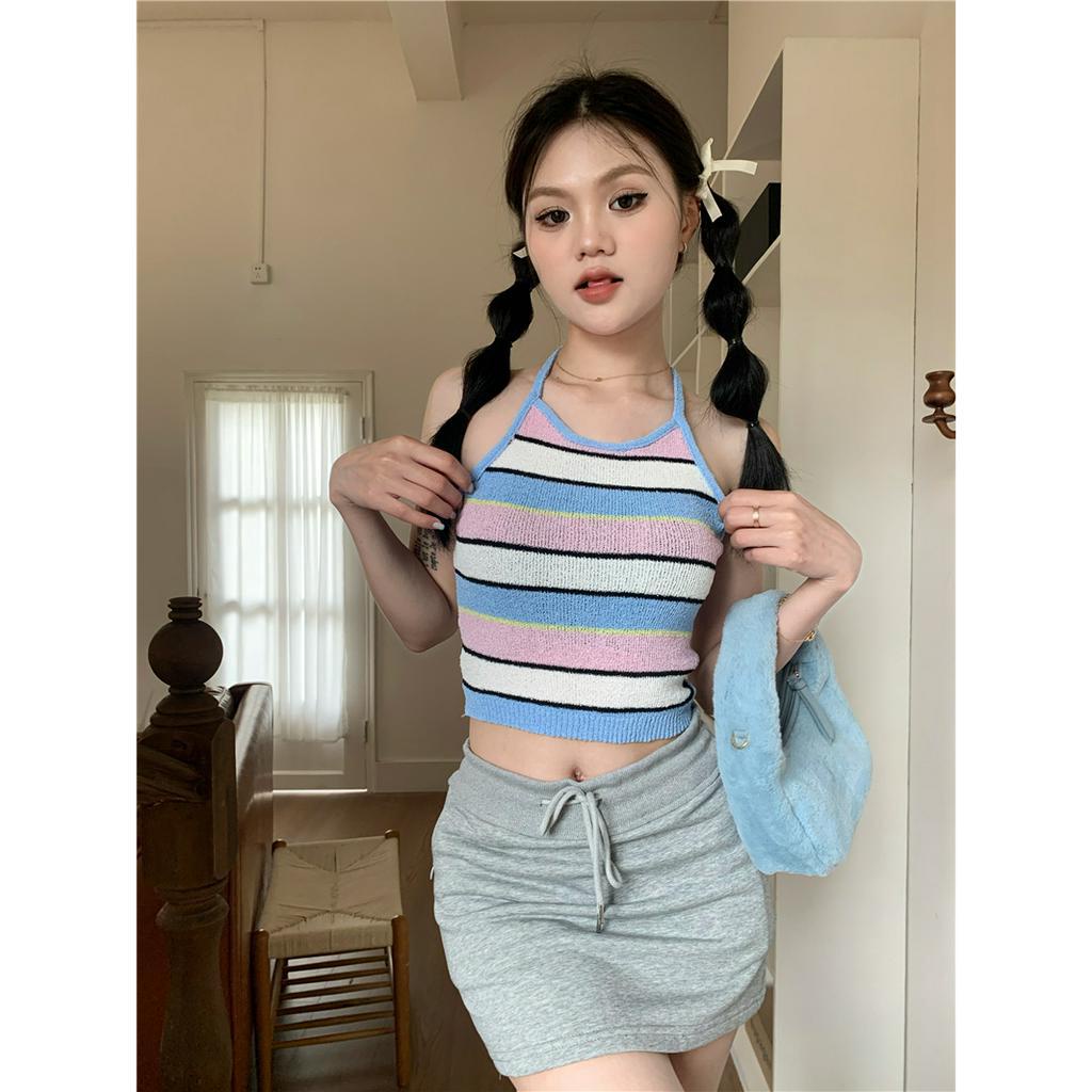 Lalisas Áo Dệt Kim Hai Dây Ngắn Mỏng Kẻ Sọc Cổ Yếm Gia Vị Gợi Cảm Cho Nữ