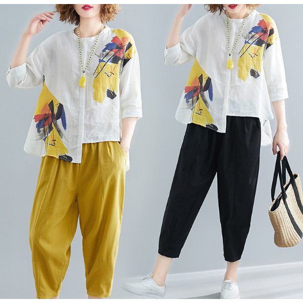 G195 big size freesize phối áo sơ mi trắng cổ tàu in họa tiết quần baggy dễ thương phong cách vintage