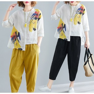 G195 big size freesize phối áo sơ mi trắng cổ tàu in họa tiết quần baggy dễ thương phong cách vintage