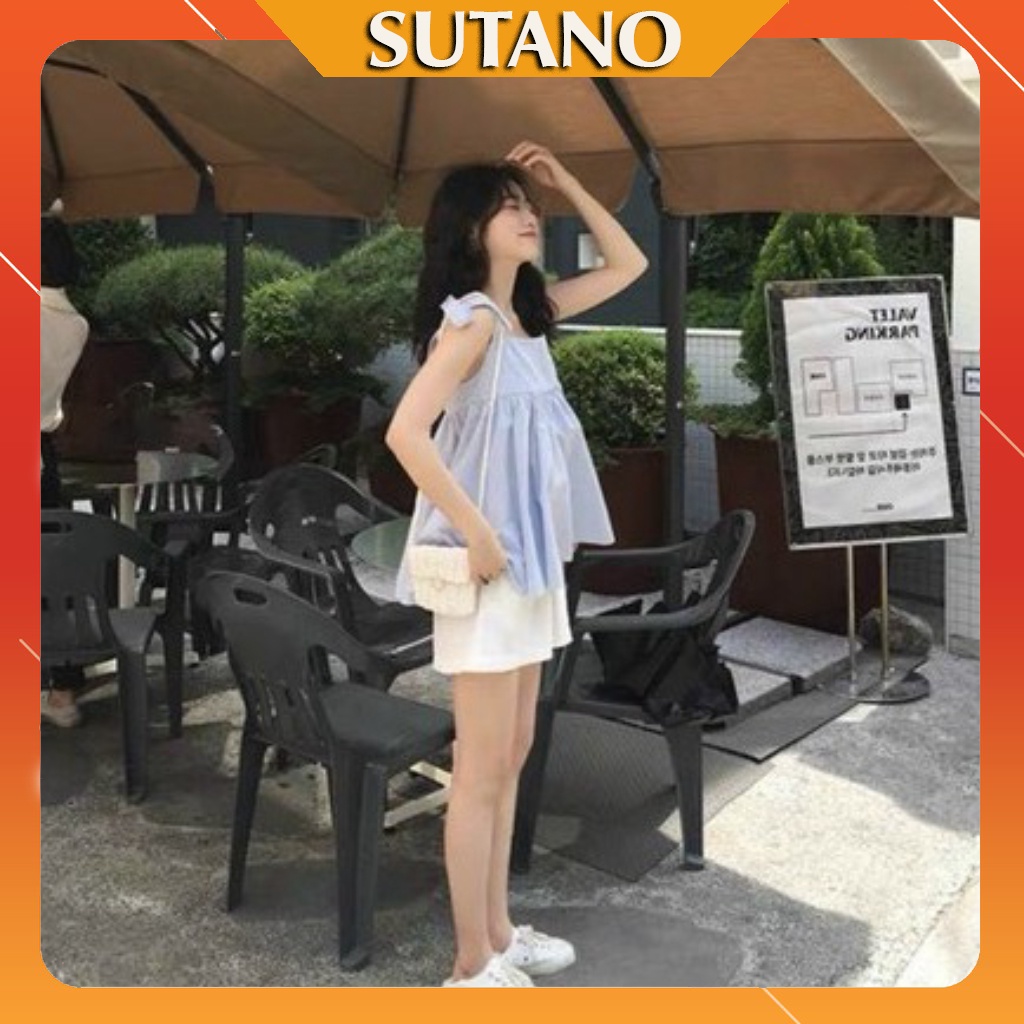 Bộ quần áo nữ set style Hàn Quốc SUTANO,Set áo babydoll hai dây thắt nơ kẻ xanh và quần short trắng cực xinh B405