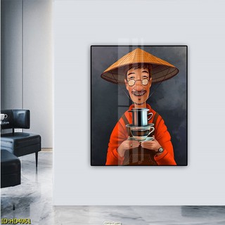 Tranh canvas ông già cafe 60x90 giá kèm khung nhựa composite 2cm khách có thể thay đổi màu khung