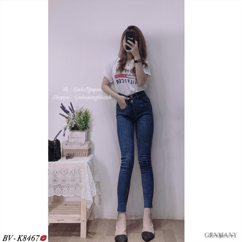Quần bò ôm trơn cạp cao 2 khuy siêu đẹp. Size S M L