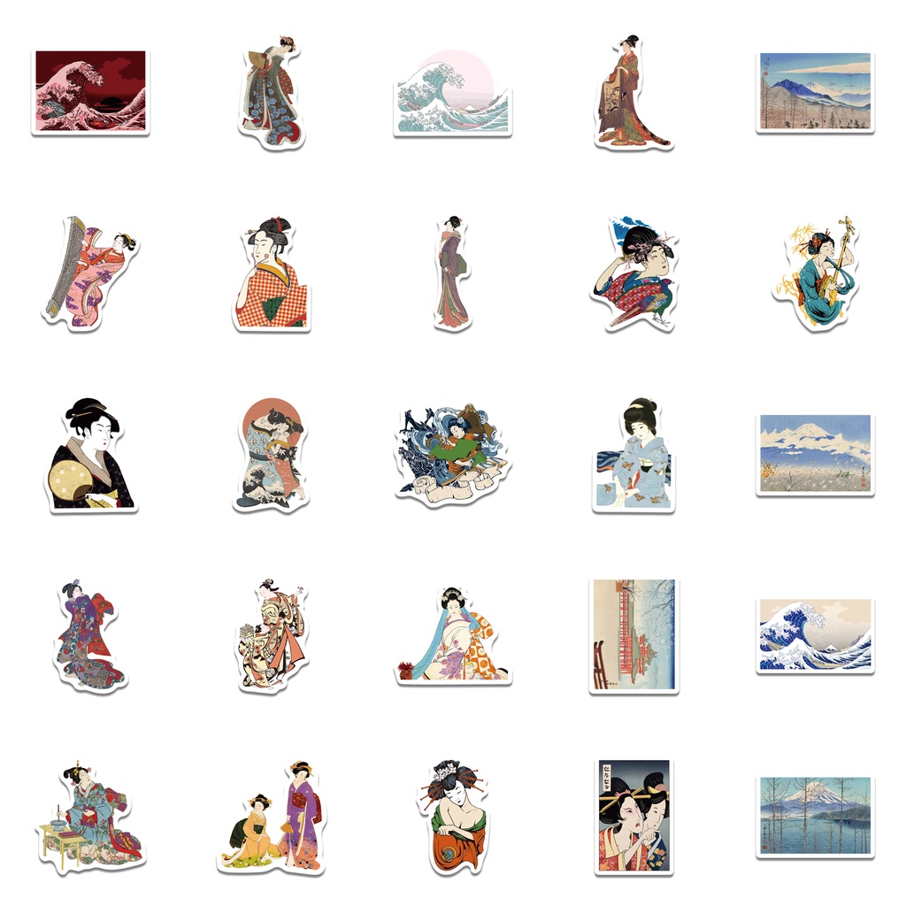 Bộ 100 miếng dán hình sóng biển kanagawa nghệ thuật