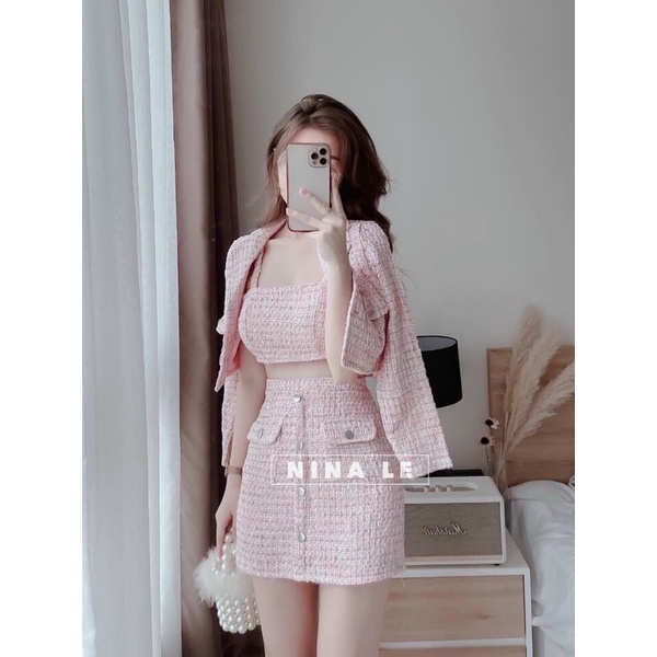 Set dạ tweed công chúa màu hồng pastel (đủ 3 món)