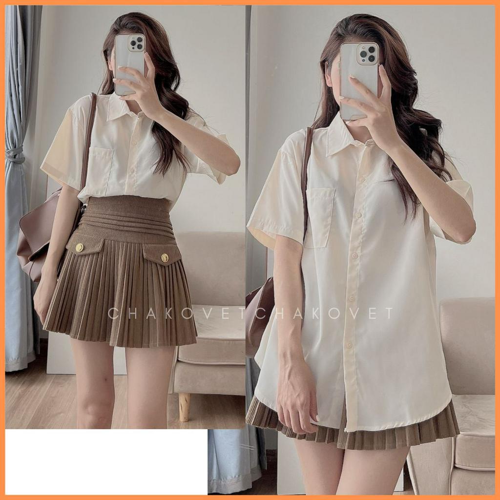 Áo sơ mi nữ cộc tay một túi ngực form rộng ullzang phong cách Hàn Quốc basic đi học đi làm A8623 - CHAKOVET