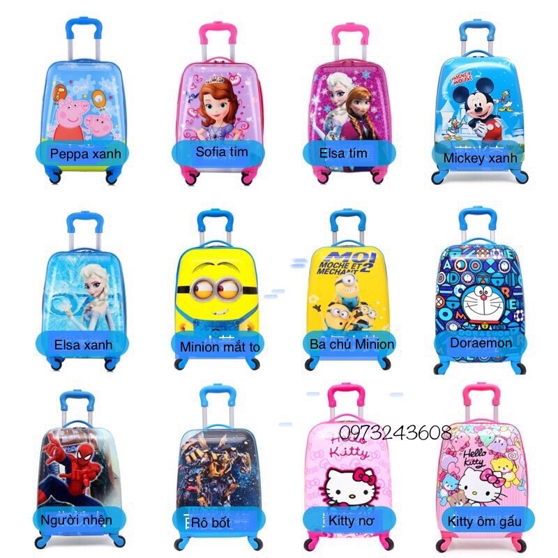 Vali kéo in 2 mặt cho bé hình công chúa thỏ,Chibi đáng yêu, vali công chúa, elsa, kitty, doremon, nhện, pepa, minion