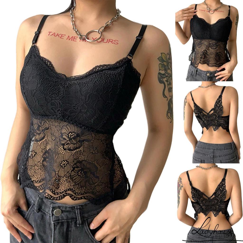Áo tank top hai dây phối ren họa tiết bướm hở lưng có thể điều chỉnh thời trang mùa hè cho nữ