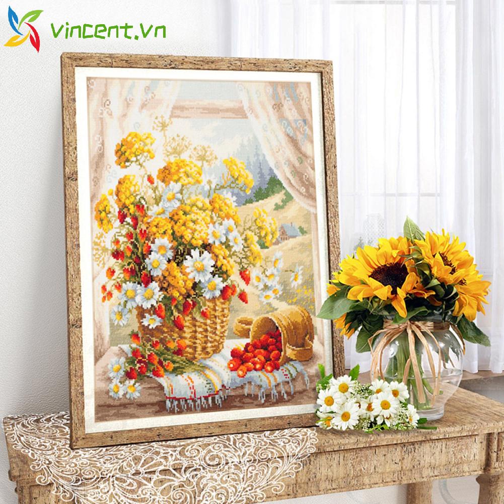 Bộ dụng cụ thêu tranh chữ thập họa tiết hoa cúc 11CT trang trí nhà cửa