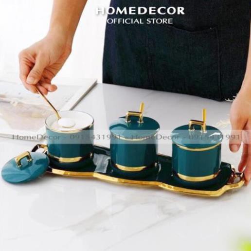 Bộ 3 Hũ đựng gia vị sứ xanh kèm khay và thìa | BigBuy360 - bigbuy360.vn