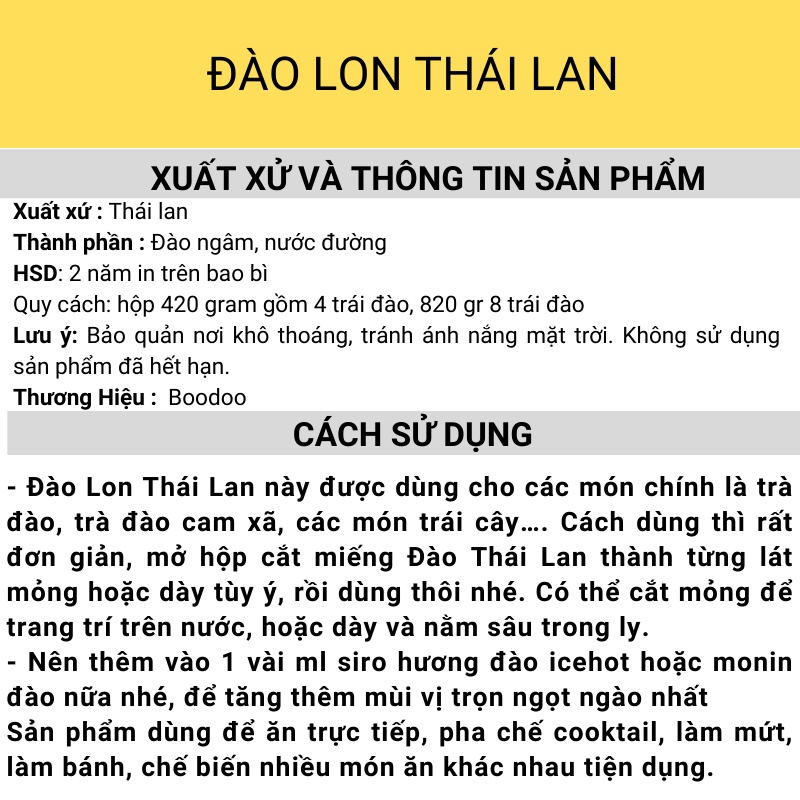 Đào lon ngâm Thái lan quả to giòn ngọt dùng để pha trà đào Chính hãng  -  đào hộp đào hủ đào ngâm