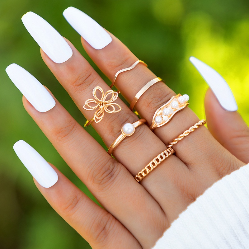 Set 10 Nhẫn Mở Hình Học Đính Ngọc Trai / Hoa Lá Thời Trang Thanh Lịch Có Thể Điều Chỉnh Cho Nữ